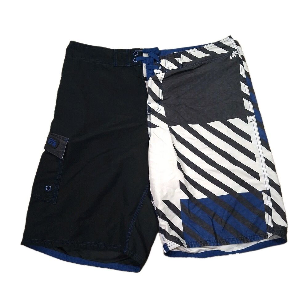 Sz 34 Ironman Triathlon Board Shorts Black Blue White Striped Swim Mens Adult